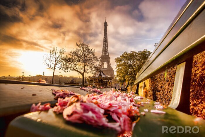 Papier peint  Un petit banc et la Tour Eiffel au lever du soleil