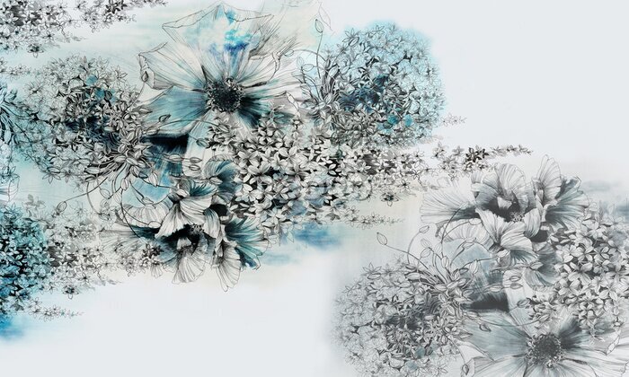Papier peint  Un thème élégant avec des fleurs et de la peinture bleue