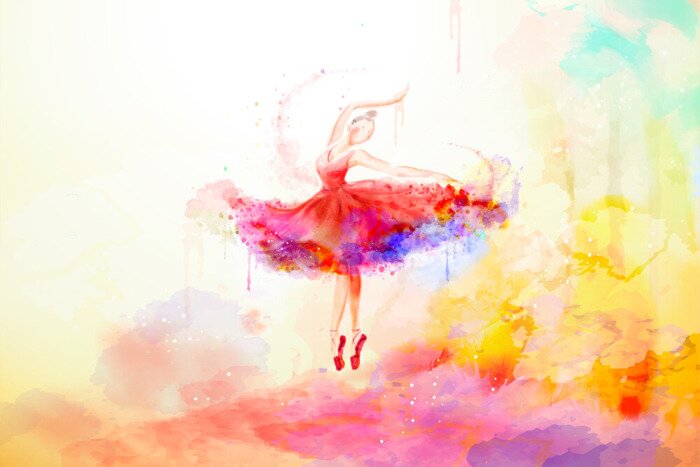 Papier peint  Une ballerine peinte à l'aquarelle sur fond coloré