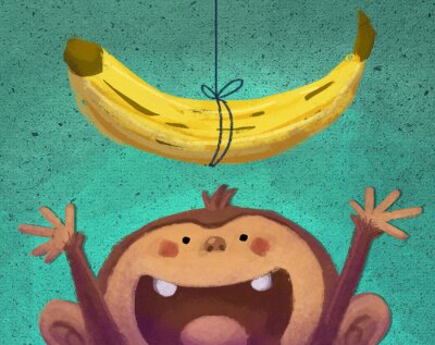 Une banane accrochée à une ficelle et un singe