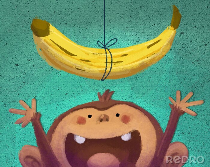 Papier peint  Une banane accrochée à une ficelle et un singe