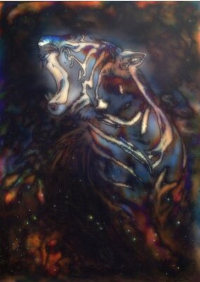 Papier peint  Une belle peinture à l'aérographe d'un puissant rugissement de tigre émergeant d'un fond cosmique abstrait avec starlights