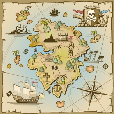 Papier peint  Une carte au trésor comique avec une île pirate