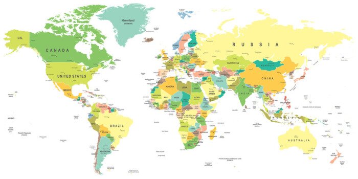 Papier peint  Une carte du monde avec des noms de pays aux couleurs pastel