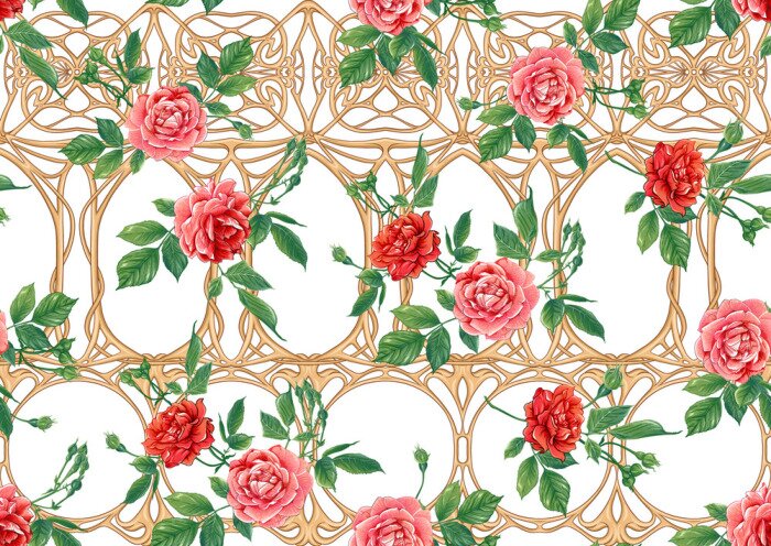 Papier peint  Une clôture envahie de roses