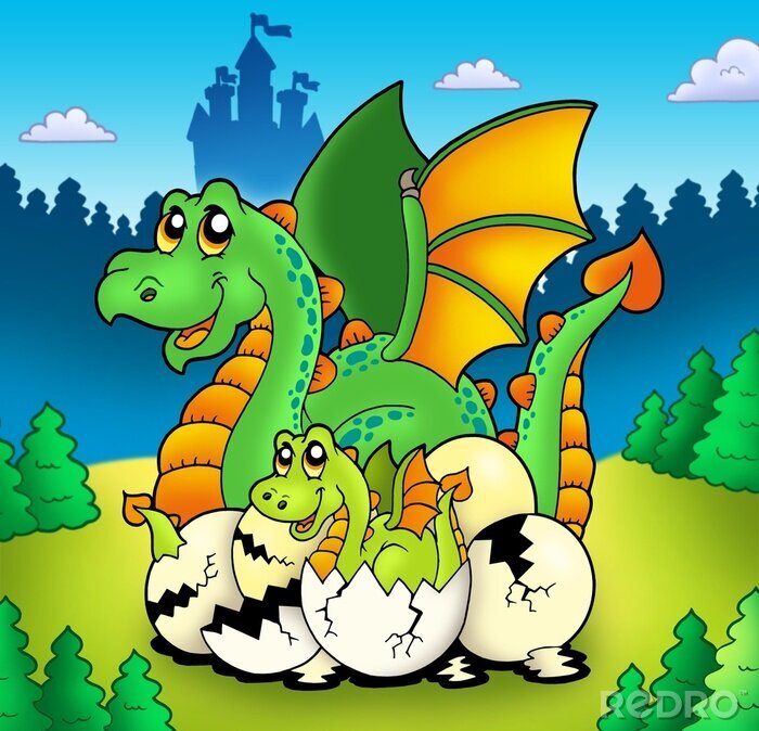 Papier peint  Une femelle dragon et un bébé dragon éclos d'un œuf