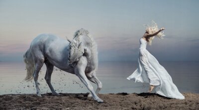 Papier peint  Une femme et un cheval blanc
