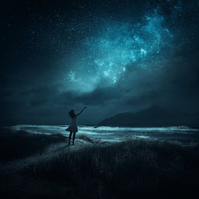 Papier peint  Une fille et un ciel étoilé