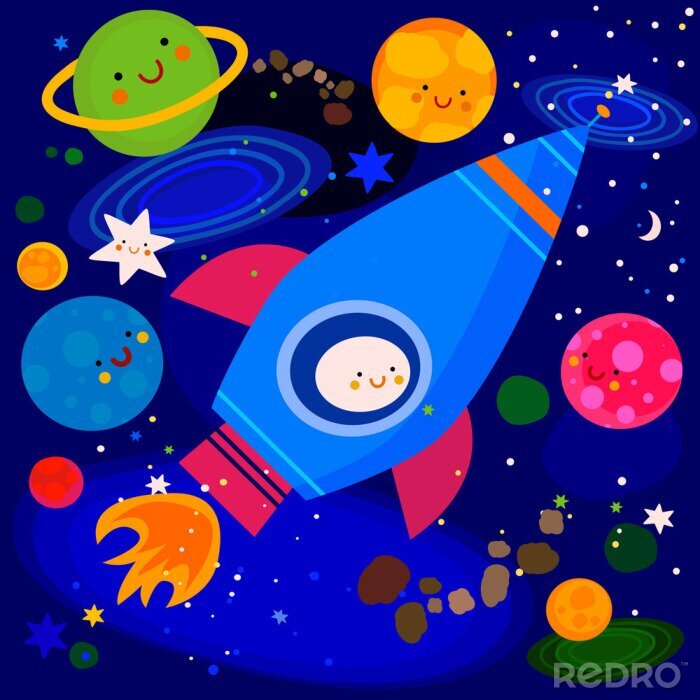 Papier peint  Une fusée pour enfant et un système solaire