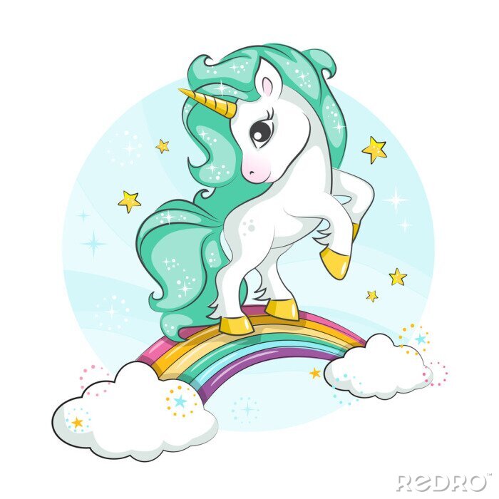 Papier peint  Une licorne avec une crinière verte sur un arc-en-ciel avec des nuages