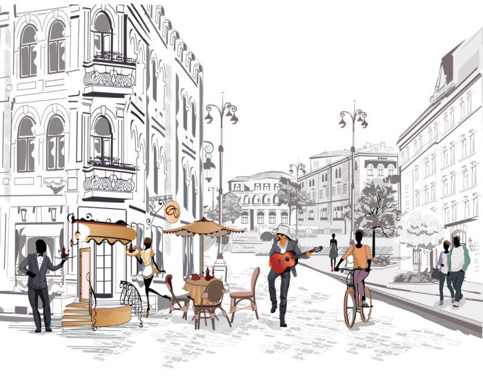 Papier peint  Une rue historique avec un café et un guitariste