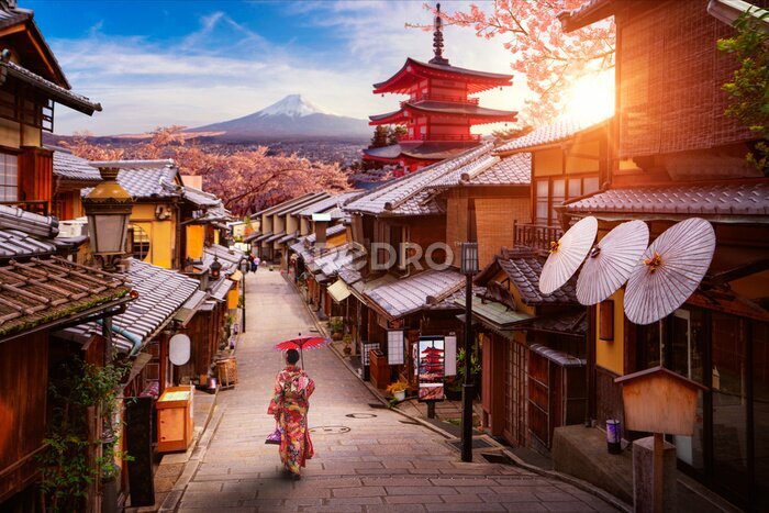 Papier peint  Une rue japonaise avec une pagode et le mont Fuji