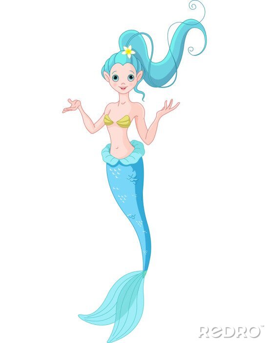 Papier peint  Une sirène aux cheveux bleus avec une queue de cheval attachée avec une fleur