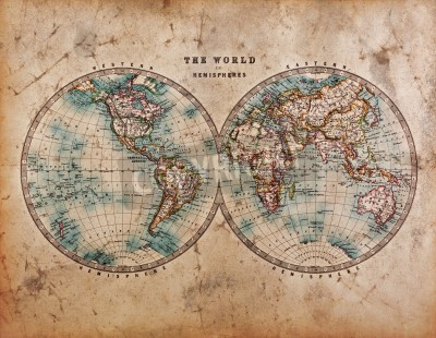 Papier peint  Une véritable vieille carte du monde teinté datant des années 1800 montrant milieu Hémisphères occidentale et orientale avec la coloration de la main.