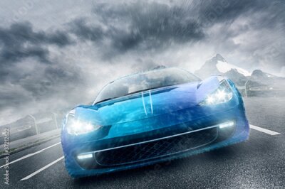 Papier peint  Une voiture bleue roulant sous la pluie