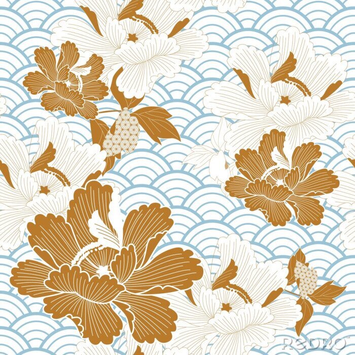 Papier peint  Vague orientale japonaise et fleurs d'oranger