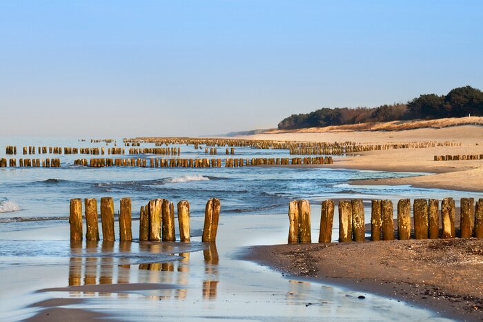 Papier peint  Vagues de la mer et brise-lames en bois