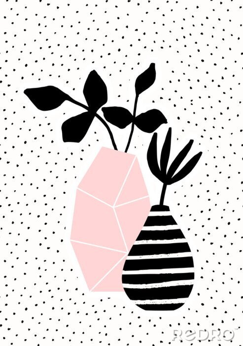 Papier peint  Vase rose et rayé avec branches