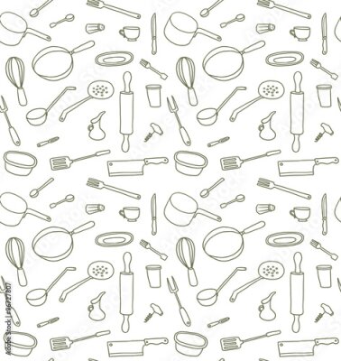 Papier peint  Vecteur, cuisine, ustensiles, seamless, modèle, ligne, art. Ligne image transparente de différents ustensiles de cuisine sur un fond blanc.