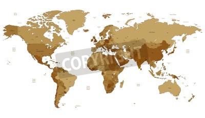 Papier peint  Vecteur détaillée Carte mondiale des couleurs brun sépia. Les noms, les marques de la ville et les frontières nationales sont dans des couches distinctes.