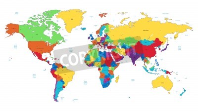 Papier peint  Vecteur détaillée carte mondiale des couleurs de l'arc. Les noms, les marques de la ville et les frontières nationales sont dans des couches distinctes.