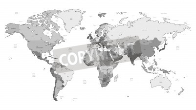 Papier peint  Vecteur détaillée carte mondiale des couleurs grises. Les noms, les marques de la ville et les frontières nationales sont dans des couches distinctes.
