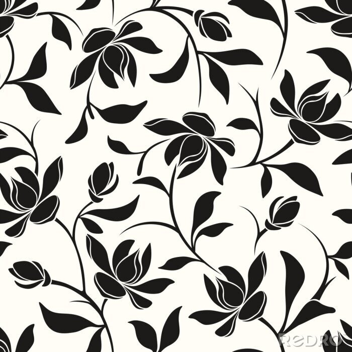 Papier peint  Vecteur, seamless, noir, blanc, floral, modèle, magnolia, fleurs, feuilles