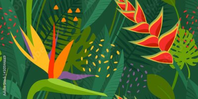 Papier peint  Vector abstract seamless tropical floral pattern and background. Colors green, yellow, orange. Exotic flowers monstera, strelitzia, palm, plants, leaves, jungle.