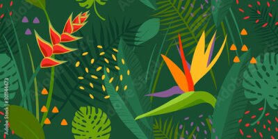 Papier peint   Vector abstract seamless tropical flowers pattern and background. Colors green, yellow, orange. Exotic flowers monstera, strelitzia, palm, plants, leaves, jungle