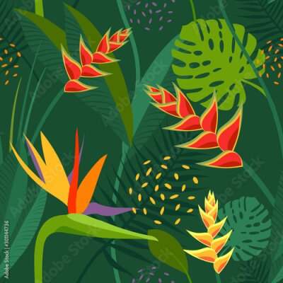 Papier peint   Vector abstract seamless tropical flowers pattern and background. Colors green, yellow, orange. Exotic flowers monstera, strelitzia, palm, plants, leaves, jungle