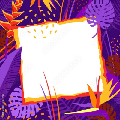 Papier peint  Vector banner with tropical flowers on background with tropical leaves. Square card templates with copy space for greeting, cover, advertisement. Frame, border. Strelitzia, bird of paradise, palm.