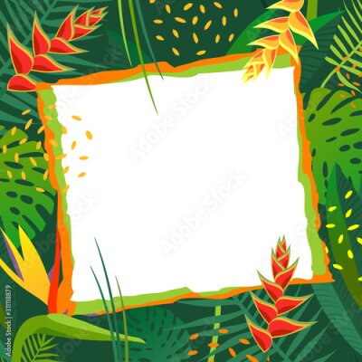 Papier peint  Vector banner with tropical flowers on background with tropical leaves. Square card templates with copy space for greeting, cover, advertisement. Frame, border. Strelitzia, bird of paradise, palm.