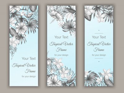 Papier peint  Vector bookmarks with tropical leaves, plumeria, strelitzia and hibiscus flowers on blue background. Summer or spring tropical vertical templates. Trendy exotic jungle design