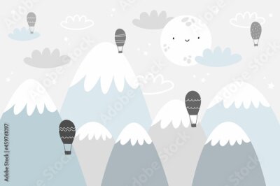 Papier peint  Vector children hand drawn doodle mountain illustration in scandinavian style. Mountain landscape, clouds, air balloons and cute moon. Kids wallpaper. Mountainscape, baby room design, wall decor.