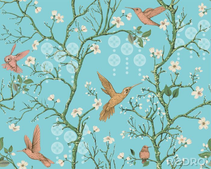 Papier peint  Vector colorful pattern with birds and flowers. Hummingbirds and flowers, retro style, floral backdrop. Spring, summer flower design for wrapping paper, cover, textile, fabric, wallpaper