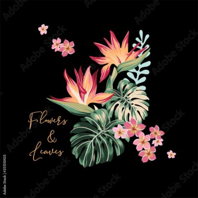 Papier peint  vector  composition from tropical flowers Hibiscus ,palm leaves Strelitzia ,monstera .  For wedding, party invitation, commercial design or fabric.