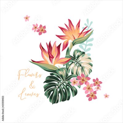 Papier peint  vector  composition from tropical flowers Hibiscus ,palm leaves Strelitzia ,monstera .  For wedding, party invitation, commercial design or fabric.