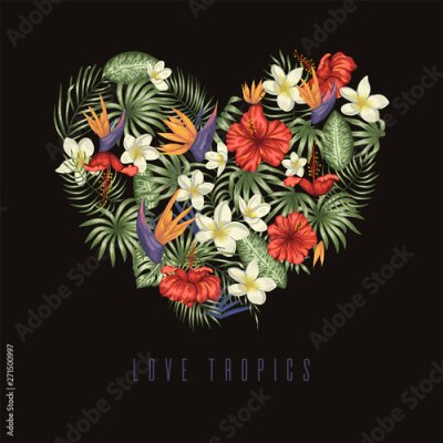 Papier peint  Vector composition of green tropical leaves with plumeria, strelitzia and hibiscus flowers framed in heart shape on black background. Summer or spring tropical background. Exotic jungle design