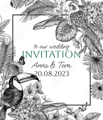 Papier peint  Vector frame of a bird in a tropical garden. Toucan, corella parrot, anthurium, palm and banana leaves, liviston, plumeria, zantedeschia, monstera, strelitzia, orchid, ptorea, butterflies