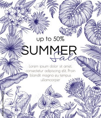 Papier peint  Vector frame tropical garden in engraving style. Anthurium, aralia, protea, palm and banana leaves, orchid, liviston, frieze, sabal, plumeria, zantedeschia, monstera, strelitzia