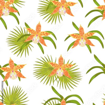 Papier peint  Vector green tropical monstera leaf, strelitzia flower, orchid flower, ravenala tree, fan palm Hawaiian seamless pattern