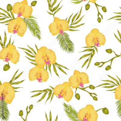 Papier peint  Vector green tropical monstera leaf, strelitzia flower, orchid flower, ravenala tree, fan palm Hawaiian seamless pattern