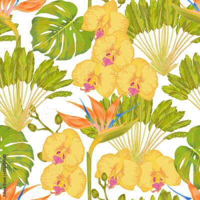 Papier peint  Vector green tropical monstera leaf, strelitzia flower, orchid flower, ravenala tree, fan palm Hawaiian seamless pattern