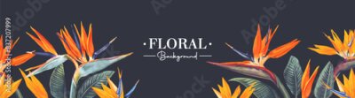 Papier peint  Vector horizontal banner on a dark background with bright yellow and orange Strelitzia reginae flowers. Tropical botanical design for social media banners, advertising, cosmetic, spa, perfume pack