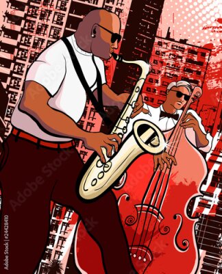 Papier peint  Vector illustration d'un saxophoniste et le bassiste sur grunge ville