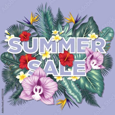 Papier peint  Vector illustration of a banner for a summer sale. Tropical plants leaves and flowers. Hibiscus, aralia, plumeria, orchid, palm and banana leaves, monstera, fern, strelitzia