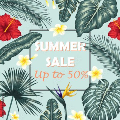 Papier peint  Vector illustration of a banner template for a sale. Exotic tropical leaves. Palm leaves, hibiscus, monstera, plumeria, banana leaves, strelitzia, aralia, elephant ear leaves
