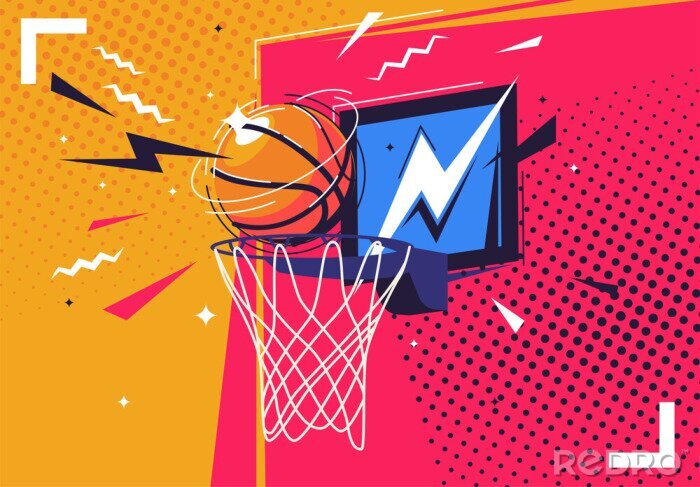 Papier peint  Vector illustration of a basketball flying into the ring, in the style of pop art