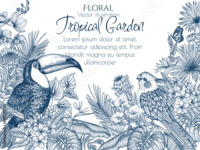Papier peint  Vector illustration of a bird in a tropical garden. Toucan, corella parrot, anthurium, palm and banana leaves, liviston, plumeria, zantedeschia, monstera, strelitzia, orchid, ptorea, butterflies