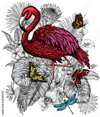 Papier peint  Vector illustration of a flamingos bird in a tropical garden with butterflies in an engraving style. Anthurium, palm and banana leaves, liviston, plumeria, zantedeschia, monstera, strelitzia